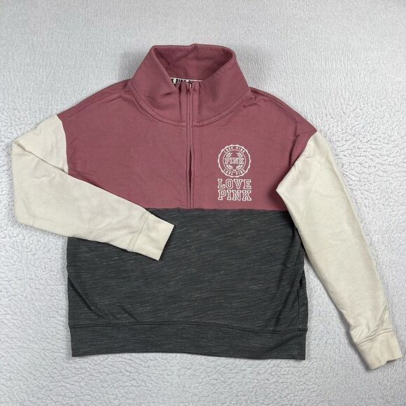 Victorias Secret Sweatshirt Womens Small Colorblock 1/2 Zip Pullover Casual Pink - Picture 1 of 13
